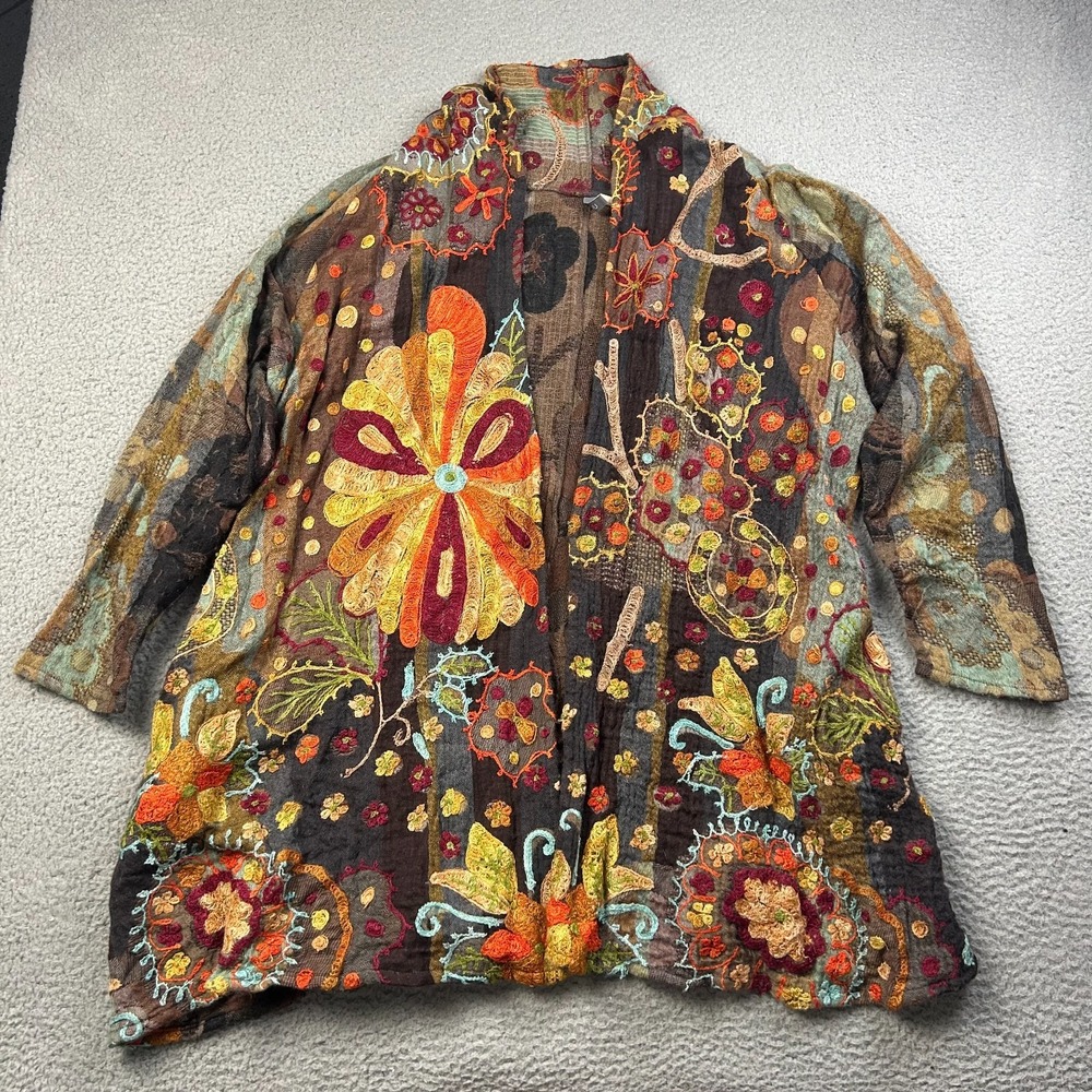 Boho Embroidered Open Cardigan - Brown with Multicolor Floral Motifs